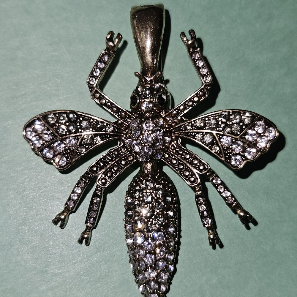 Dragonfly Pendant RMN Signed Black And White Rhinestone Goldtone Metal